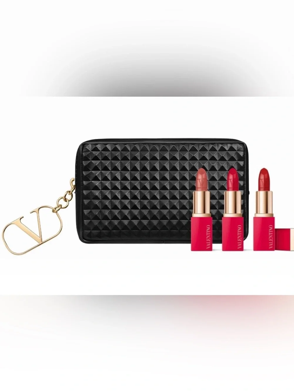 NIB Limited edition VALENTINO Mini Rosso Lipstick Trio w/ black studded bag.
